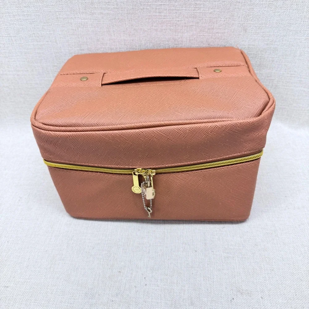 Joy Mangano The Jewel Kit Trio Double Decker Jewelry Case Cognac Saffiano Lock